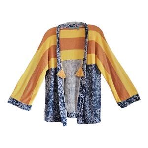 ANTHROPOLOGIE MAPLE S Cardigan Sweater Whimsical Stripes Floral Linen Cotton 40"